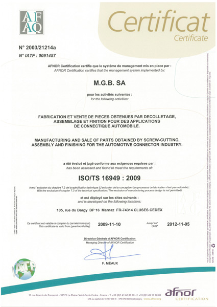 Certificat ISO TS 16949 page 1